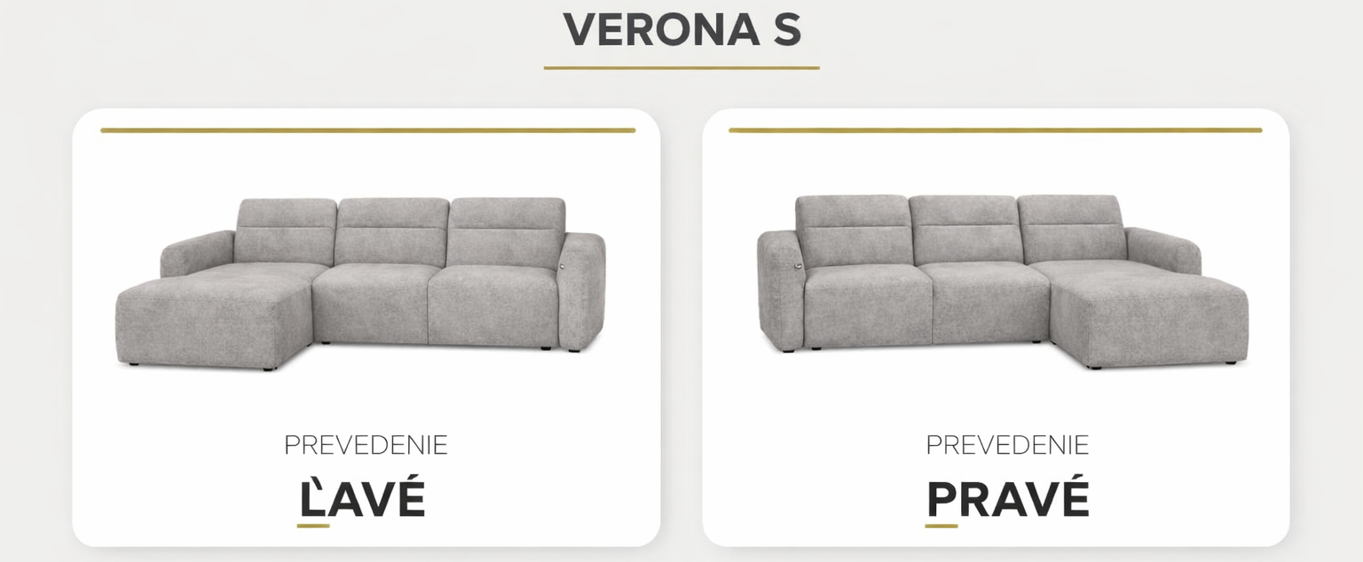 Rohová sedacia súprava VERONA S svetlosivá porovnanie ľavé a pravé prevedenie orientácie rohu